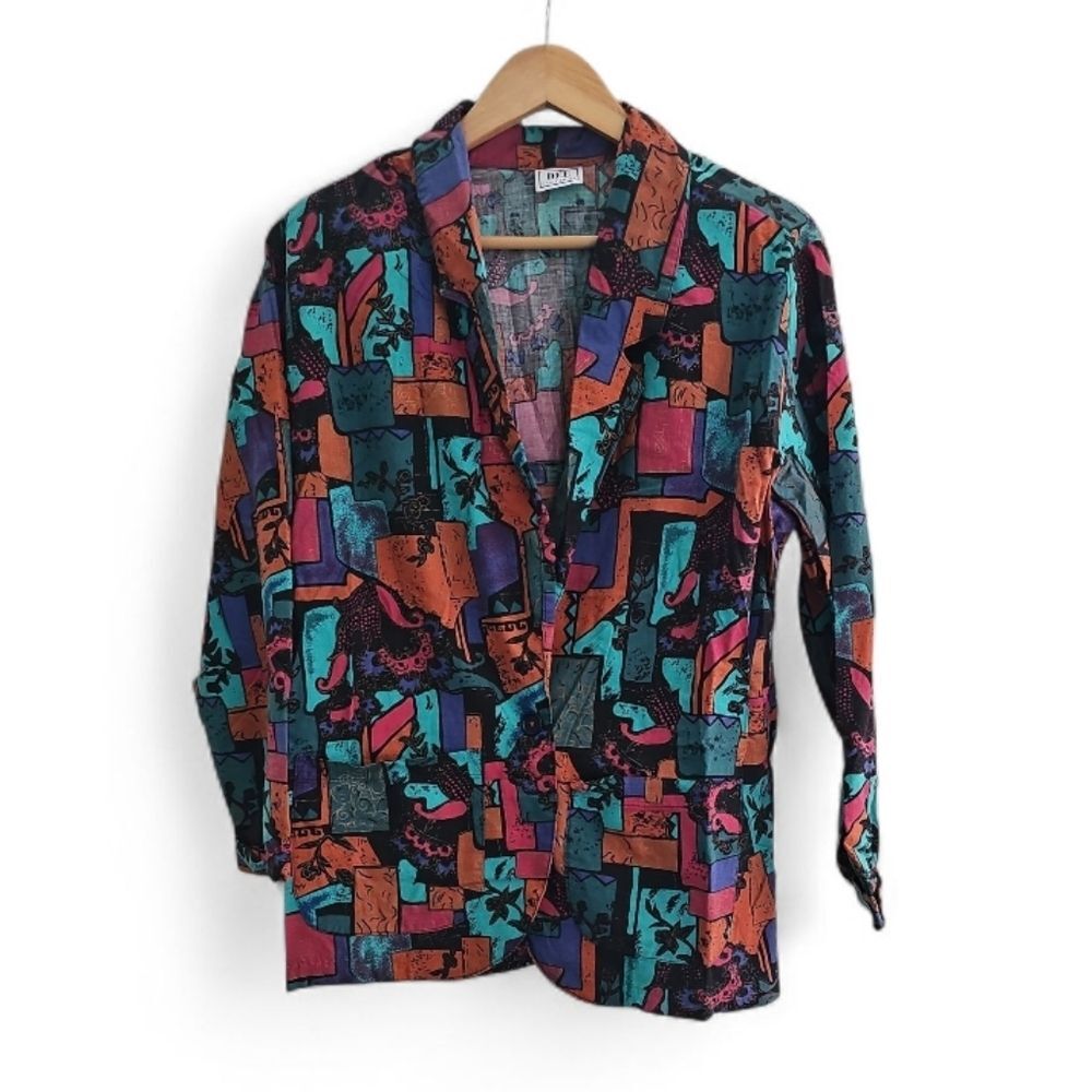 Vintage Dee California Abstract Print Blazer Women M Artsy 90s Cotton Jacket